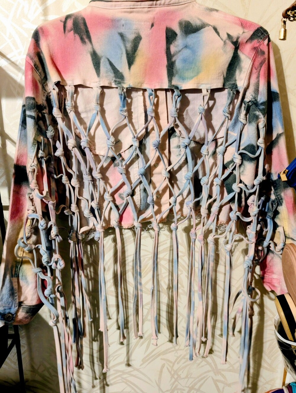 Thrill Jeans Tie-Dye Fringe Cropped Denim Jacket - Pink Blue Multicolor XL